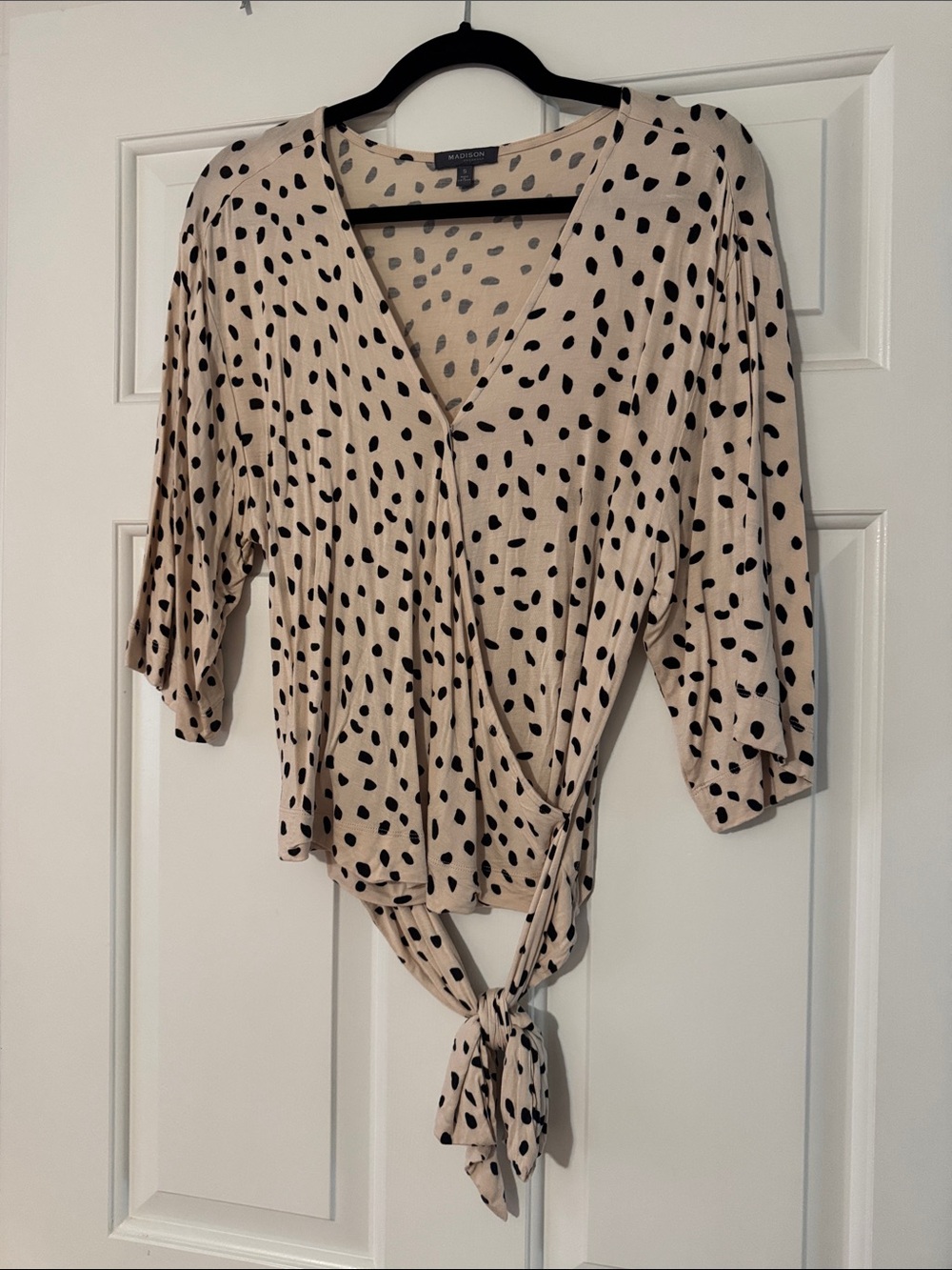 Madison Beige Wrap Top with Black Dot Print